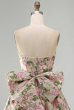 Strapless Pink Floral A Line Homecoming Dress With Bow