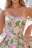 Strapless Pink Floral A Line Homecoming Dress With Bow