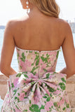 Strapless Pink Floral A Line Homecoming Dress With Bow