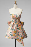 Strapless Pink Floral A Line Homecoming Dress With Bow