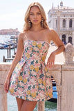 Strapless Pink Floral A Line Homecoming Dress With Bow