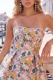 Strapless Pink Floral A Line Homecoming Dress With Bow