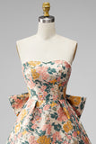 Strapless Pink Floral A Line Homecoming Dress With Bow