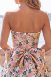 Strapless Pink Floral A Line Homecoming Dress With Bow