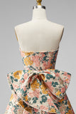 Strapless Pink Floral A Line Homecoming Dress With Bow