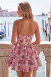 Corset Strapless Green Floral A Line Homecoming Dress