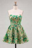 Corset Strapless Green Floral A Line Homecoming Dress