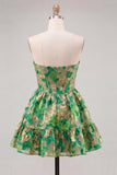 Corset Strapless Green Floral A Line Homecoming Dress
