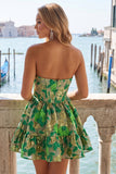 Corset Strapless Green Floral A Line Homecoming Dress