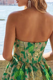 Corset Strapless Green Floral A Line Homecoming Dress