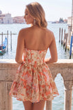 Corset Strapless Green Floral A Line Homecoming Dress