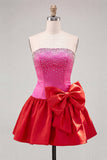 Red and Pink Beaded Strapless A Line Homecoming Dress With Bow