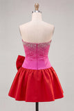 Red and Pink Beaded Strapless A Line Homecoming Dress With Bow