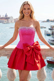 Red and Pink Beaded Strapless A Line Homecoming Dress With Bow