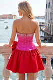 Red and Pink Beaded Strapless A Line Homecoming Dress With Bow