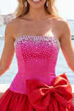 Red and Pink Beaded Strapless A Line Homecoming Dress With Bow