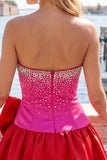 Red and Pink Beaded Strapless A Line Homecoming Dress With Bow