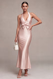 Dark Pink Halter Mermaid Satin Maxi Dress With Bow