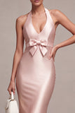 Dark Pink Halter Mermaid Satin Maxi Dress With Bow