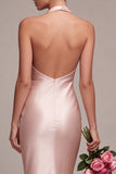 Dark Pink Halter Mermaid Satin Maxi Dress With Bow