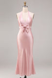 Dark Pink Halter Mermaid Satin Maxi Dress With Bow