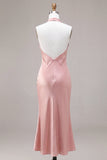 Dark Pink Halter Mermaid Satin Maxi Dress With Bow