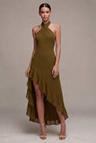 Olive Green Halter A Line Ruffled High-Low Dress