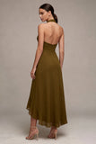 Olive Green Halter A Line Ruffled High-Low Dress