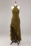 Olive Green Halter A Line Ruffled High-Low Dress
