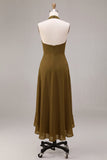 Olive Green Halter A Line Ruffled High-Low Dress
