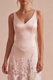 Pink V-Neck Corset Sequins A Line Wedding Guest Dress