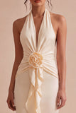 Halter Apricot Mermaid Ruched Wedding Guest Dress