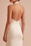 Halter Apricot Mermaid Ruched Wedding Guest Dress