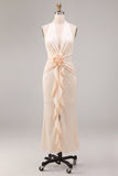 Halter Apricot Mermaid Ruched Wedding Guest Dress