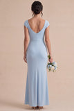 Mermaid Cowl Neck Sky Blue Ruched Maxi Dress