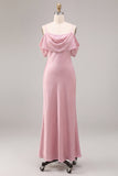 Dark Pink Mermaid Cold Shoulder Ruffled Maxi Dress