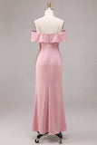 Dark Pink Mermaid Cold Shoulder Ruffled Maxi Dress
