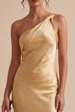 One Shoulder Gold Sheath Midi Dress