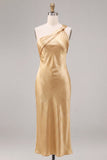 One Shoulder Gold Sheath Midi Dress