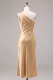 One Shoulder Gold Sheath Midi Dress