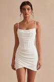 Corset Bodycon Spaghetti Straps Little White Dress With Ruch