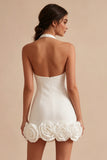 Halter Satin Bodycon Corset Little White Dress With 3D Flower