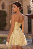 Strapless Corset A Line Yellow Sequins Homecoming Dress