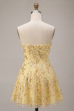 Strapless Corset A Line Yellow Sequins Homecoming Dress
