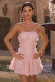 Floral Strapless Pink Beaded A Line Homecoming Dress