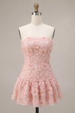 Floral Strapless Pink Beaded A Line Homecoming Dress