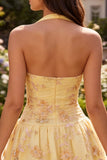 Halter Floral Corset A Line Yellow Homecoming Dress