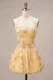 Halter Floral Corset A Line Yellow Homecoming Dress