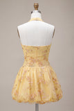 Halter Floral Corset A Line Yellow Homecoming Dress