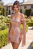 Sparkly Off The Shoulder Corset Bodycon Champagne Homecoming Dress